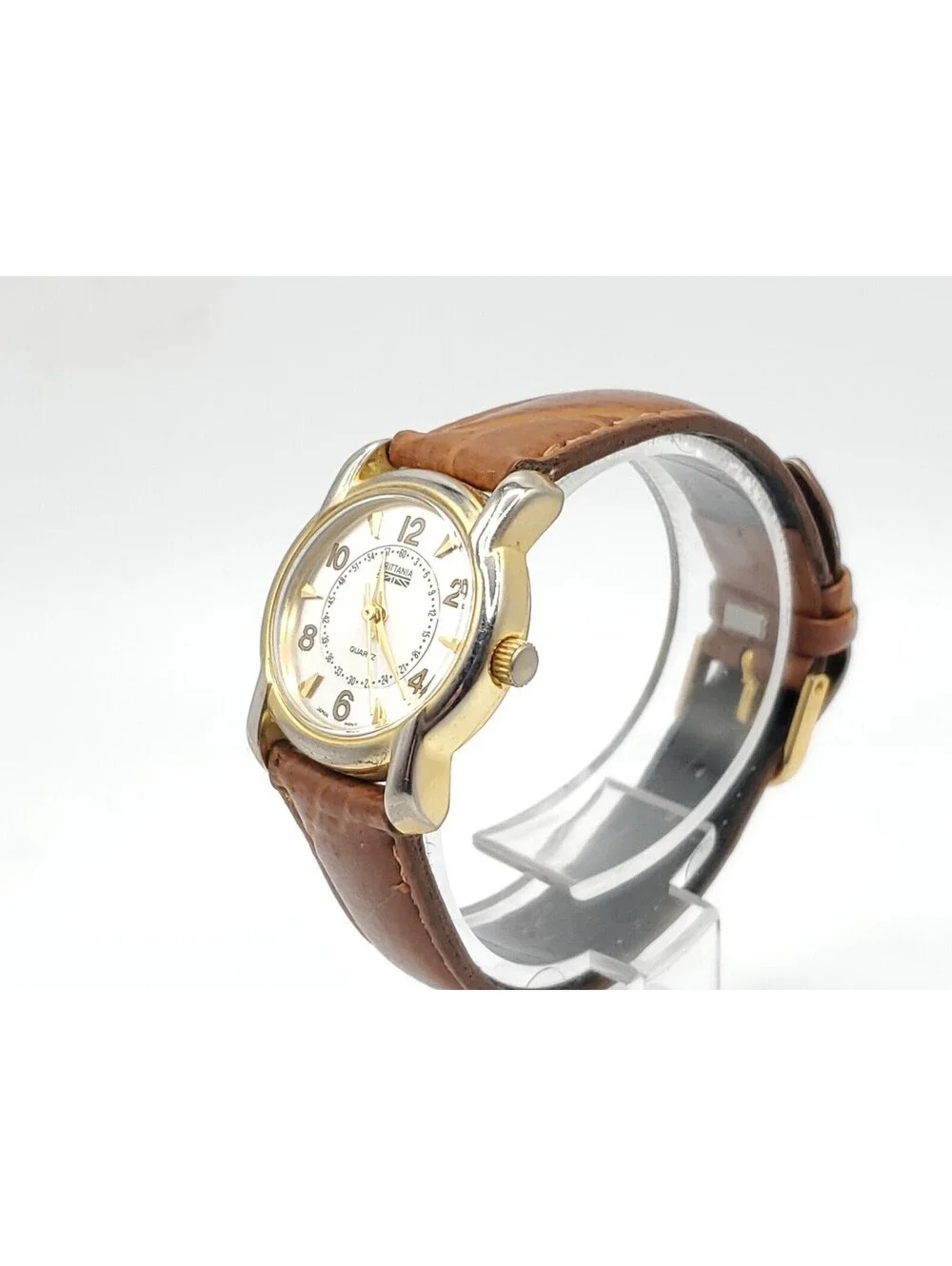 Brittania Quartz Womens Watch New Battery Gold Tone Brown Band 18mm